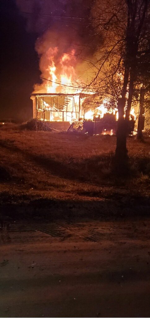 The scene on arrival of BCFR Eng 21 at 02:30 this am. The home in the 4200 blk Aurantia Rd in Mims was destroyed by this fast moving blaze but the occupants made it out. BCFR & @TitusvilleFire personnel responded to the incident &amp; BCFR investigators are still there