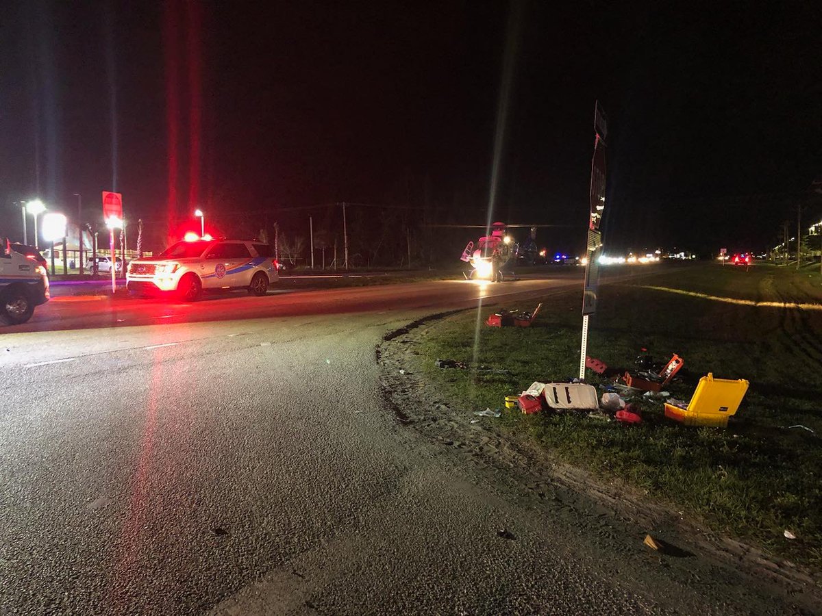 An accident involving a car and a motorcycle has NE Pine Island Road closed between Santa Barbara Blvd. & Andalusia Blvd.   Two people were declared as trauma alerts. Lee Flight landed their helicopter on the road.