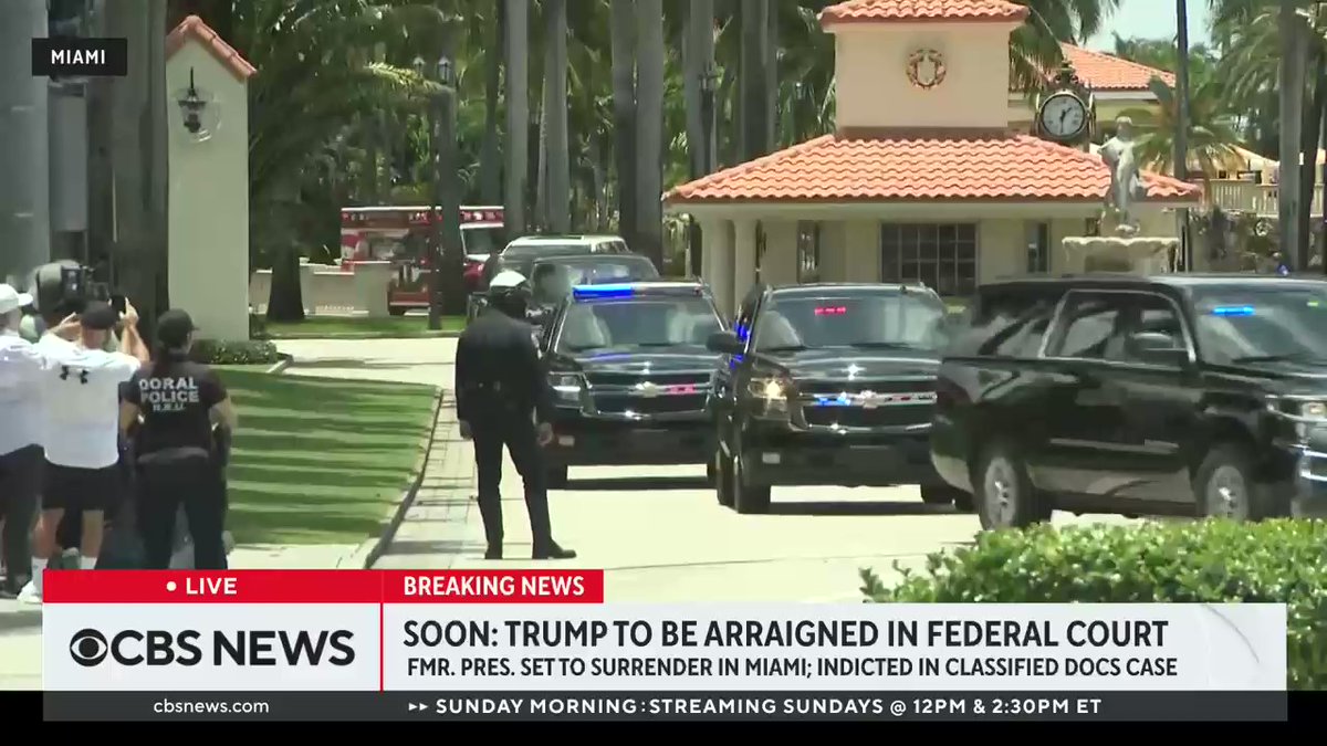 Former President Trump's motorcade leaves his Doral hotel to head to the Miami federal courthouse, where he will be arraigned on 37 felony counts related to his alleged mishandling of classified documents.