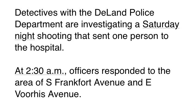 .@DeLandPD are investigating weekend shooting that sent a man to the hospital, shot multiple times