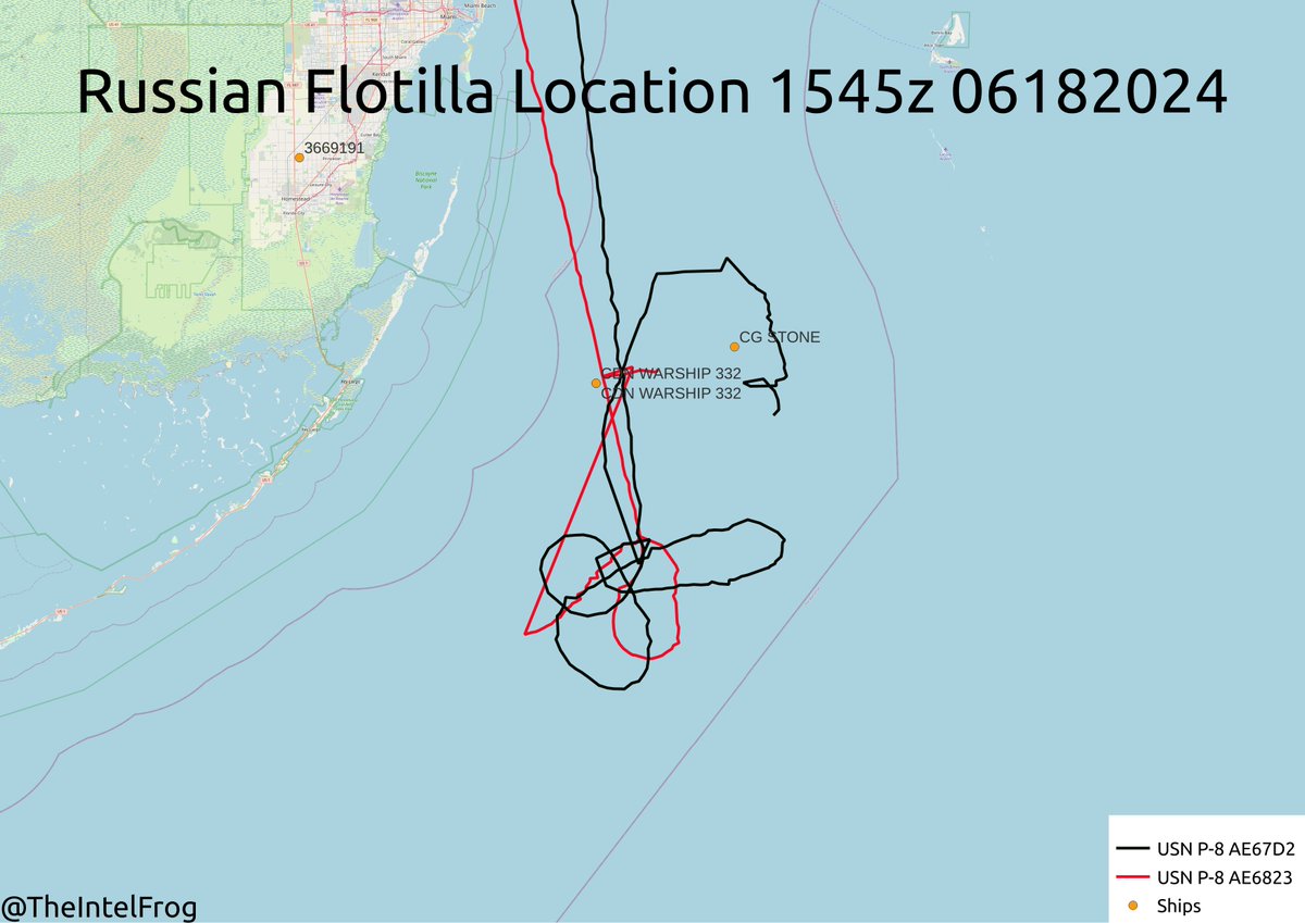 Russian flotilla is sailing North through the Florida Straits. Both the USCGC Stone and HMCS Ville de Quebec (CDN Warship 332) are broadcasting their positions and there are 2 P-8s overhead bearing tactical hex codes