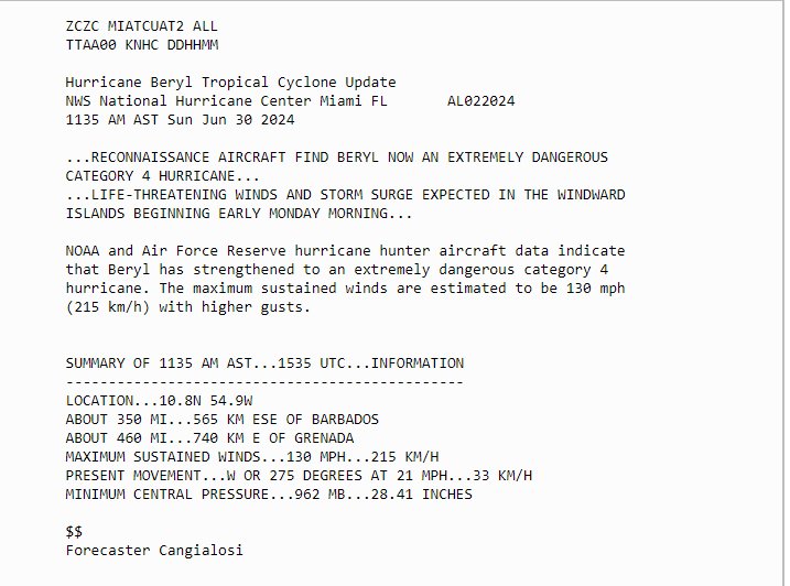 11:35 AM AST Sunday - Reconnaissance aircraft find Beryl has strengthen into an extremely dangerous category 4 hurricane with maximum winds of 130 mph. Life-threatening winds and storm surge expected in the Windward Islands beginning early Monday morning.