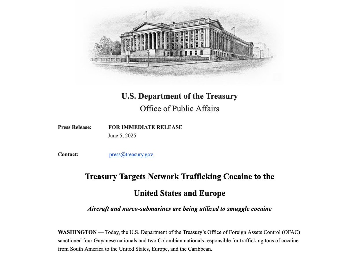 Les États-Unis sanctionnent quatre Guyanais et deux Colombiens responsables du trafic de tonnes de cocaïne d'Amérique du Sud vers les États-Unis, l'Europe et les Caraïbes, selon @USTreasury