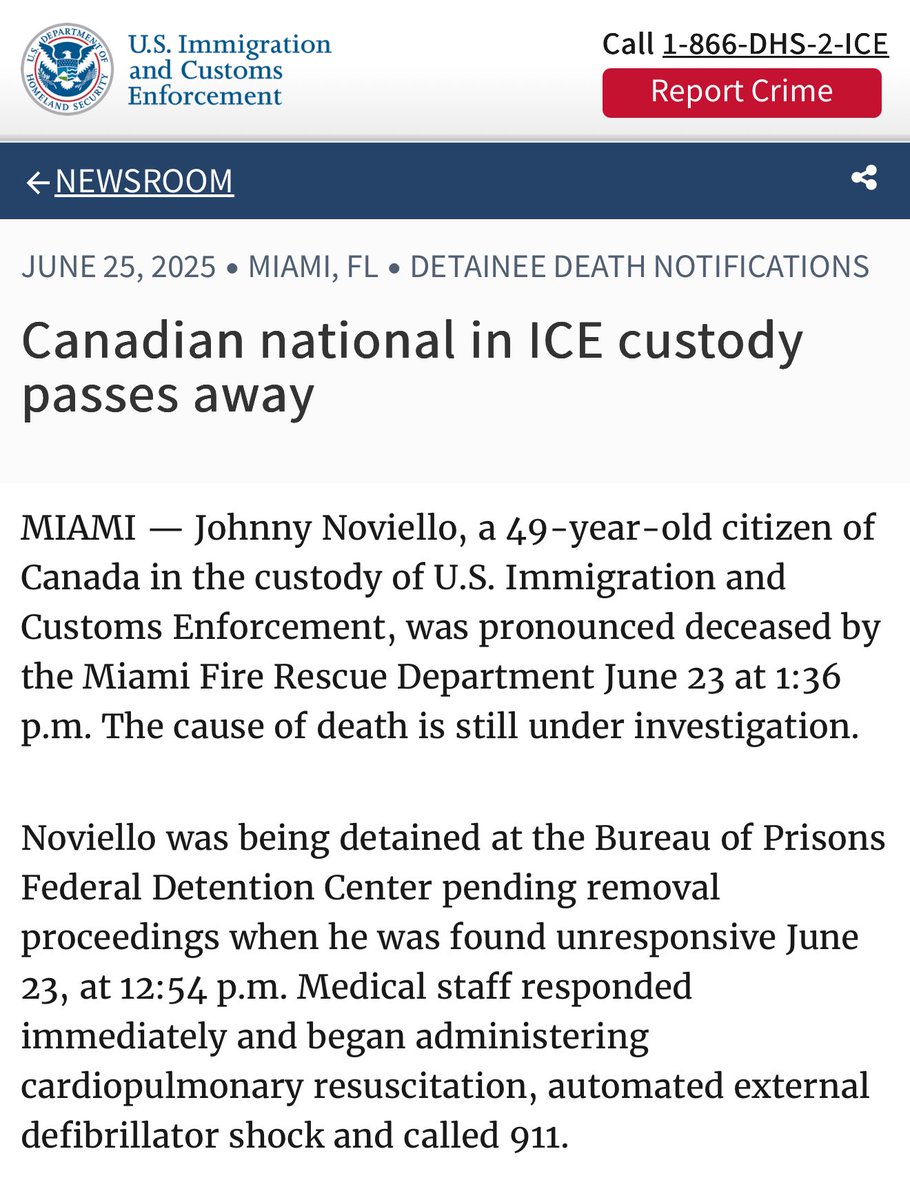 Een 49-jarige Canadese burger overleed terwijl hij vastzat in de gevangenis van de ICE. Hij zat in het federale detentiecentrum in Miami.