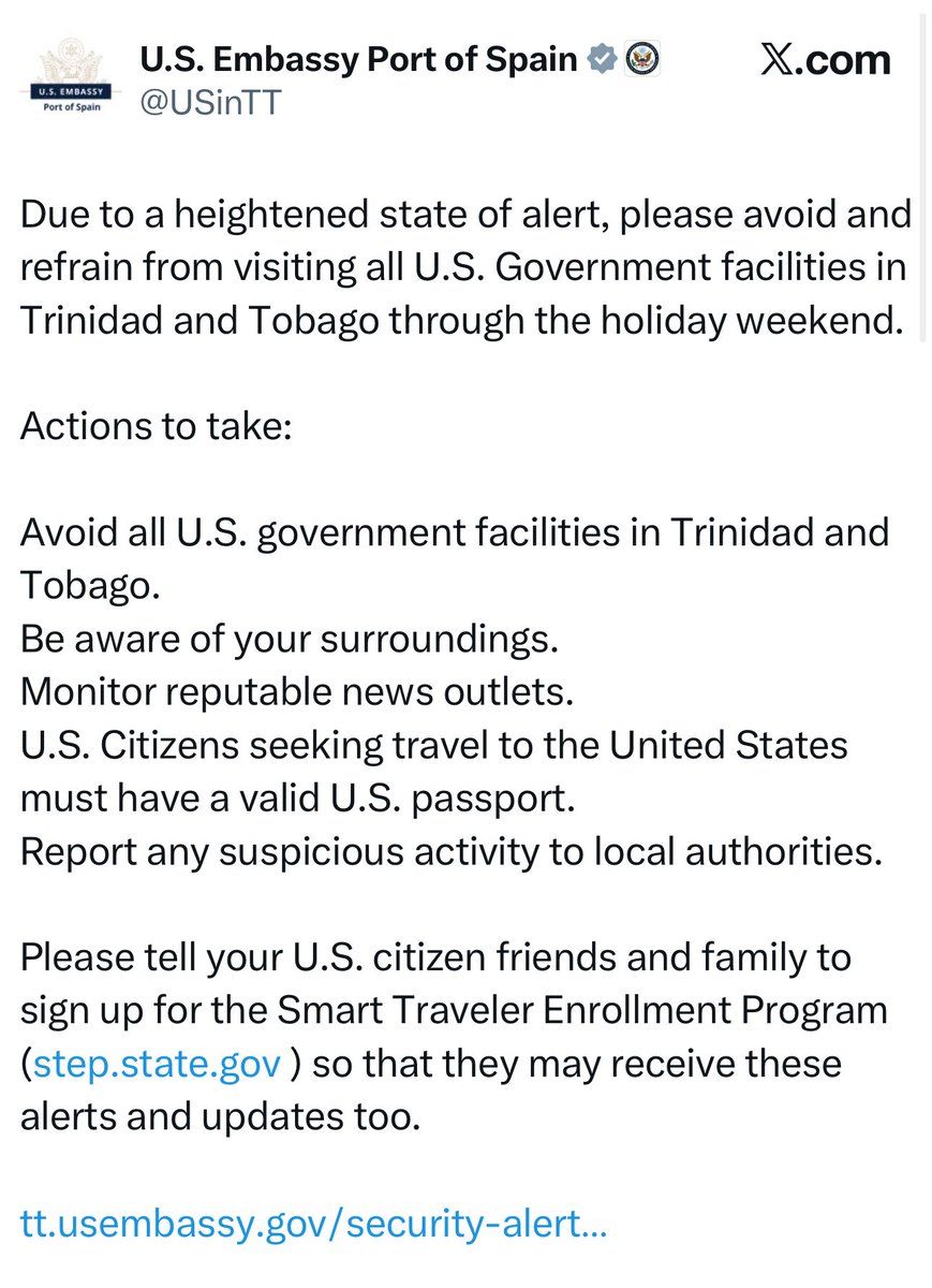 A Embaixada dos EUA em Trinidad e Tobago emitiu um alerta aos cidadãos americanos na ilha, pedindo que fiquem longe das instalações do governo dos EUA durante o fim de semana.