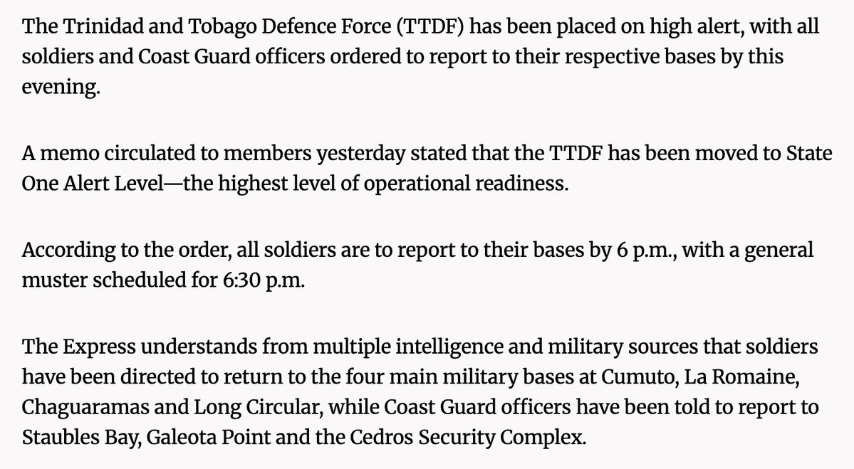 The Trinidad and Tobago Defence Force has been placed on high alert, with all soldiers and Coast Guard officers ordered to report to their respective bases by this evening, according to sources and an internal memo - Trinidad Express