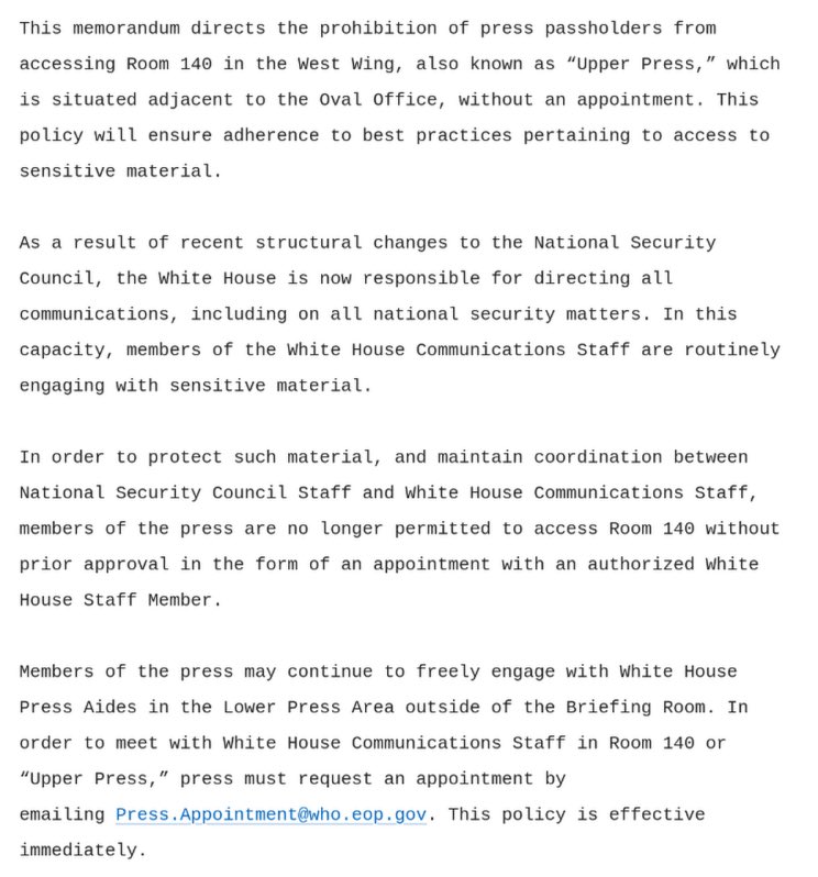 The White House has restricted press access to the Upper Press area (Room 140) near the Oval Office, citing the handling of sensitive national security communications. Reporters now need appointments to enter