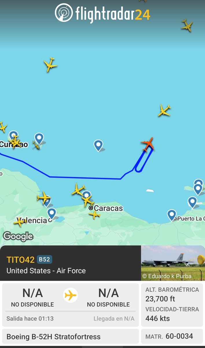 2 B-52 bombers flying just off the Venezuelan coast