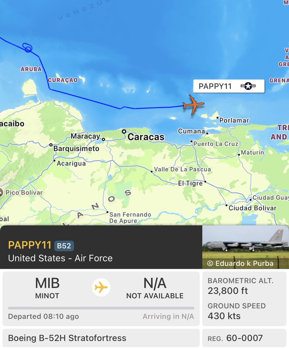 A U.S. Air Force B-52H “Stratofortress” Long-Range Strategic Bomber assigned to the “Bomber Barons” of the 23rd Bomb Squadron, 5th Bomb Wing, going by the callsign (PAPPY11), is currently conducting a “show of force” off the coast of Venezuela, escorted by several F/A-18E/F Super Hornets from the USS Gerald R. Ford (CVN-78)