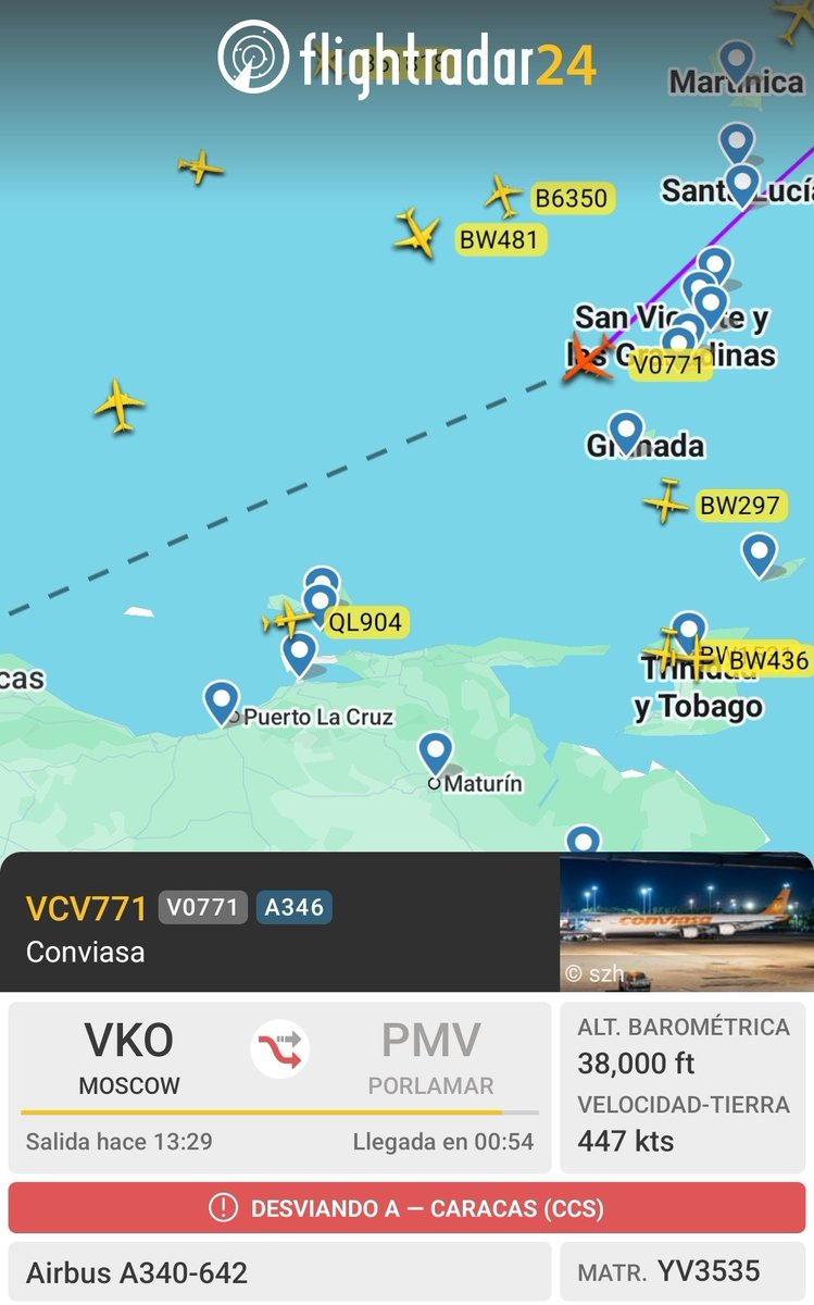 The Conviasa A340, en route from Russia to Porlamar (Margarita Island), was diverted to Maiquetía (Caracas). The group of B-52 bombers and F-18 fighter jets that were visible are no longer so. However, based on their last recorded location, they appear to be in the A340's flight path.