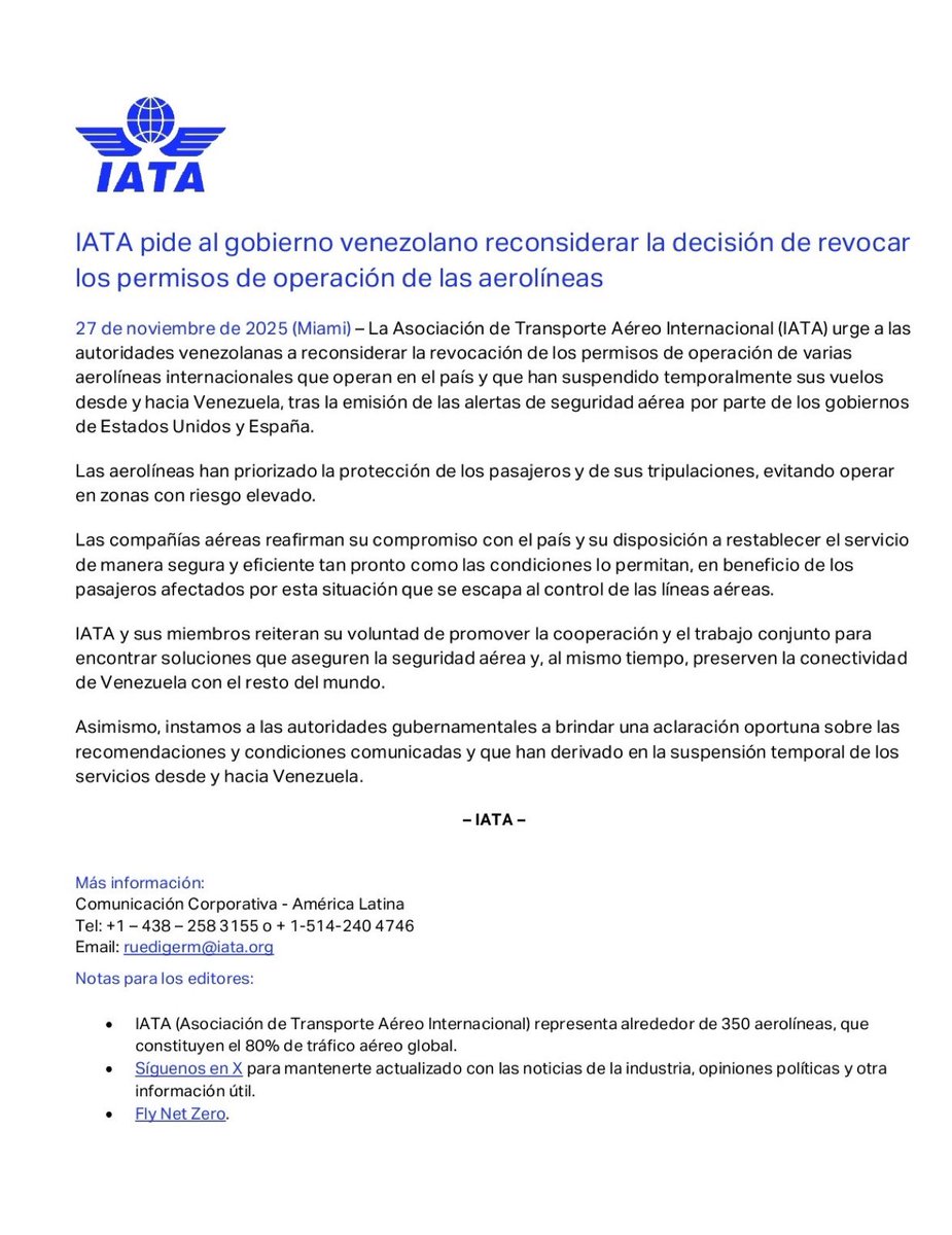 @IATA pide al gobierno venezolano reconsiderar la decisión de revocar los permisos de operación de las aerolíneas