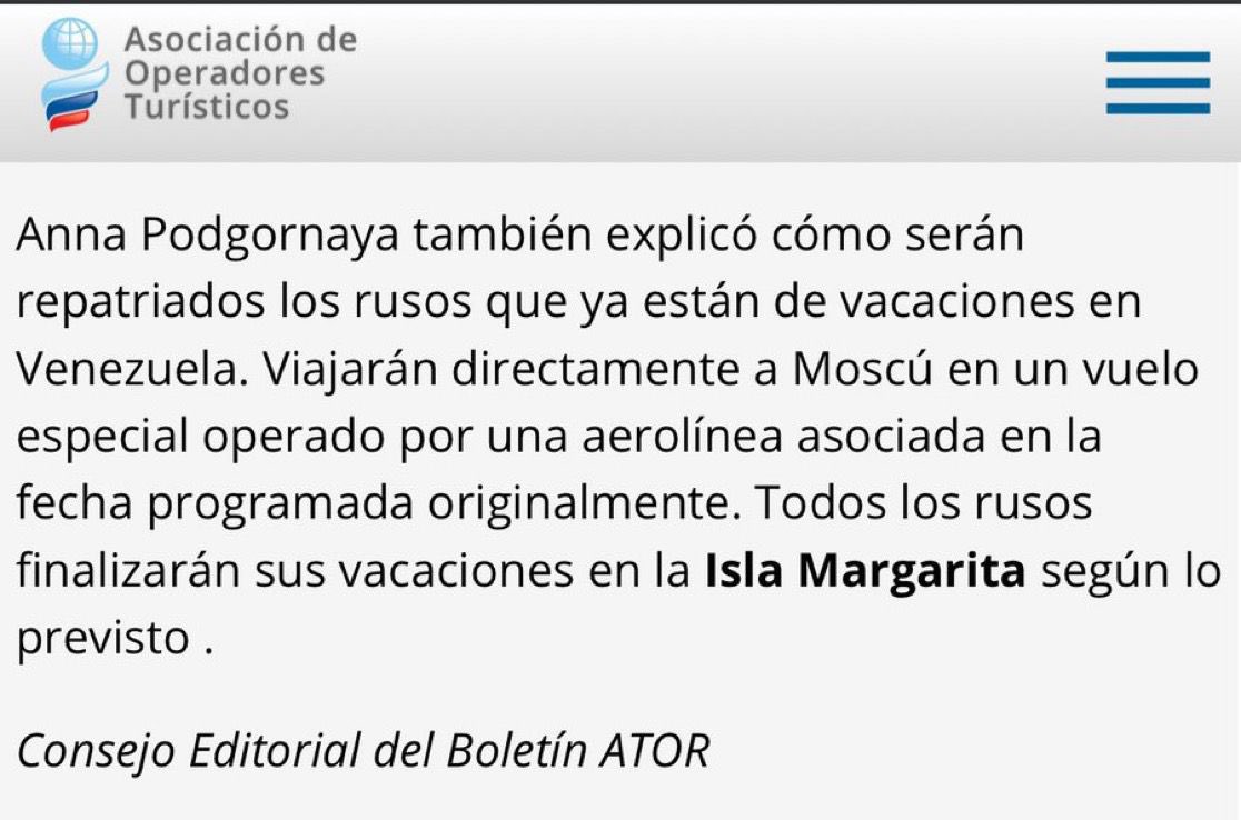 Russia announces it will begin evacuating Russian citizens from Venezuela. ATORUS (Association of Tour Operators of Russia) confirms that special flights are being prepared to repatriate Russians currently in Venezuela.