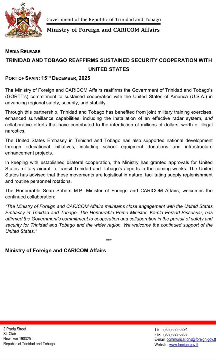 Trinidad and Tobago authorizes US military flights over its territory and Air Force aircraft to use its airports