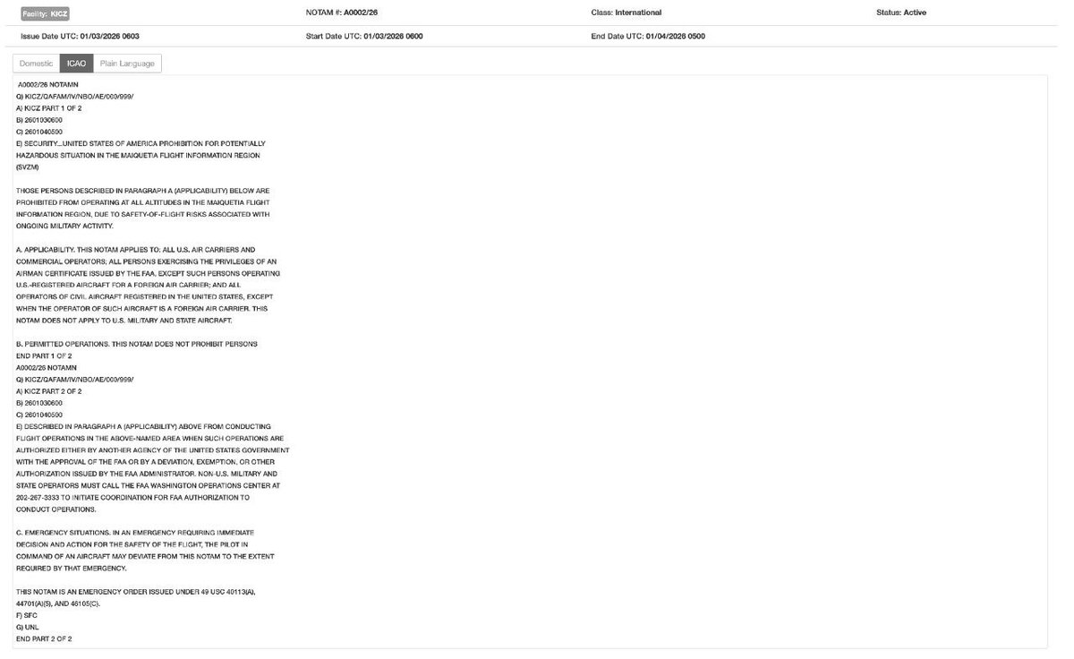 A new Notice to Airmen (NOTAM) issued by the U.S. Federal Aviation Administration (FAA) regarding airspace over Venezuela prohibits all flights over the entire country's territory starting at 6:00 AM on January 3, 2026.