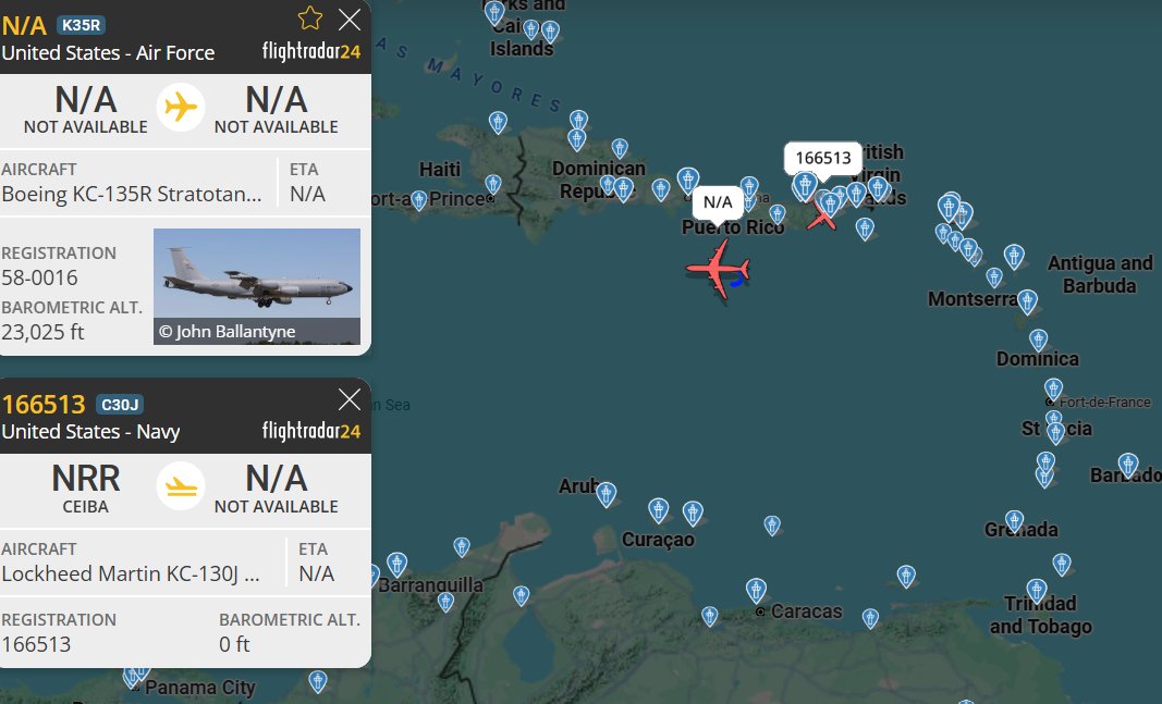 تجهیزات نفتکش‌های نیروی دریایی ایالات متحده و نیروی هوایی ایالات متحده بر فراز کارائیب، از حملات هوایی ایالات متحده به ونزوئلا پشتیبانی می‌کنند.