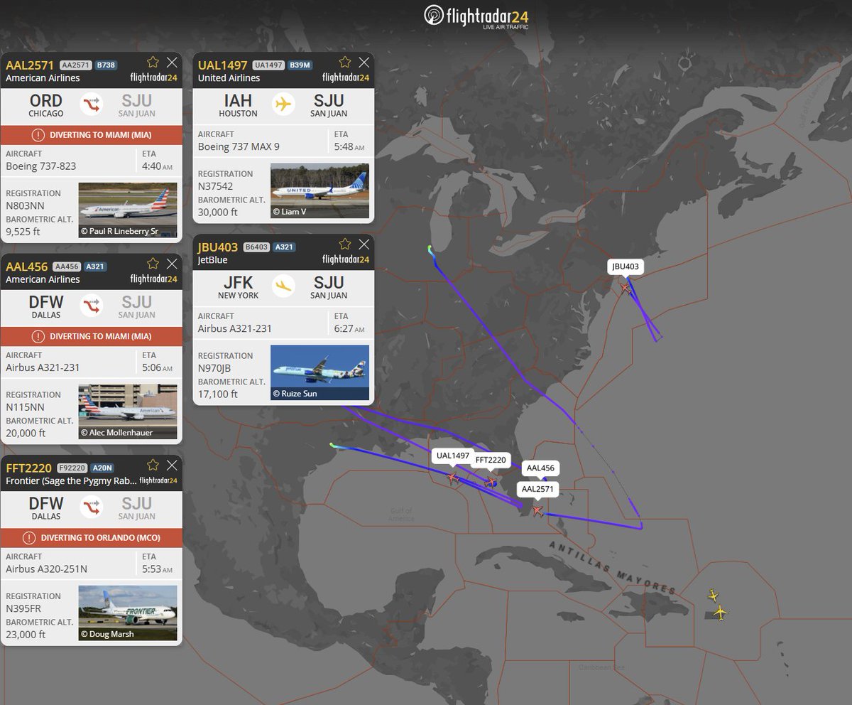تغییر مسیر عمده پروازهای غیرنظامی از سن خوان در پورتوریکو، زیرا نیروهای آمریکایی احتمالاً از این جزیره برای حمله به ونزوئلا استفاده می‌کنند.
