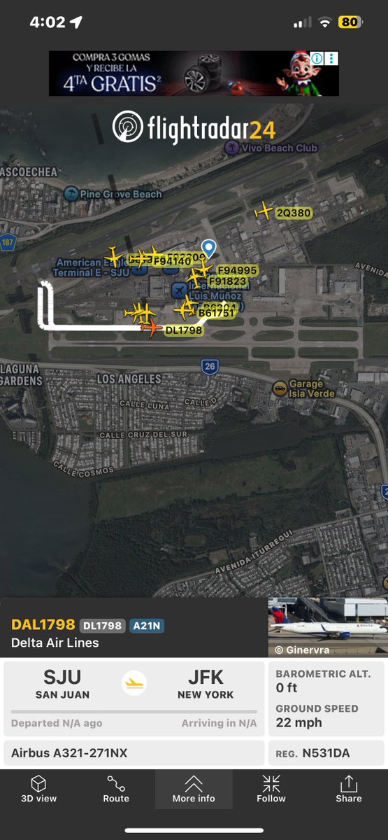 پروازهای فرودگاه بین‌المللی لوئیس مونیوز مارین (@AeropuertoSJU) در حال حاضر به دستور برج مراقبت به حالت تعلیق درآمده است؛ پرواز دلتا ۱۷۹۸ که منتظر پرواز به مقصد نیویورک بود، به گیت بازگشت.