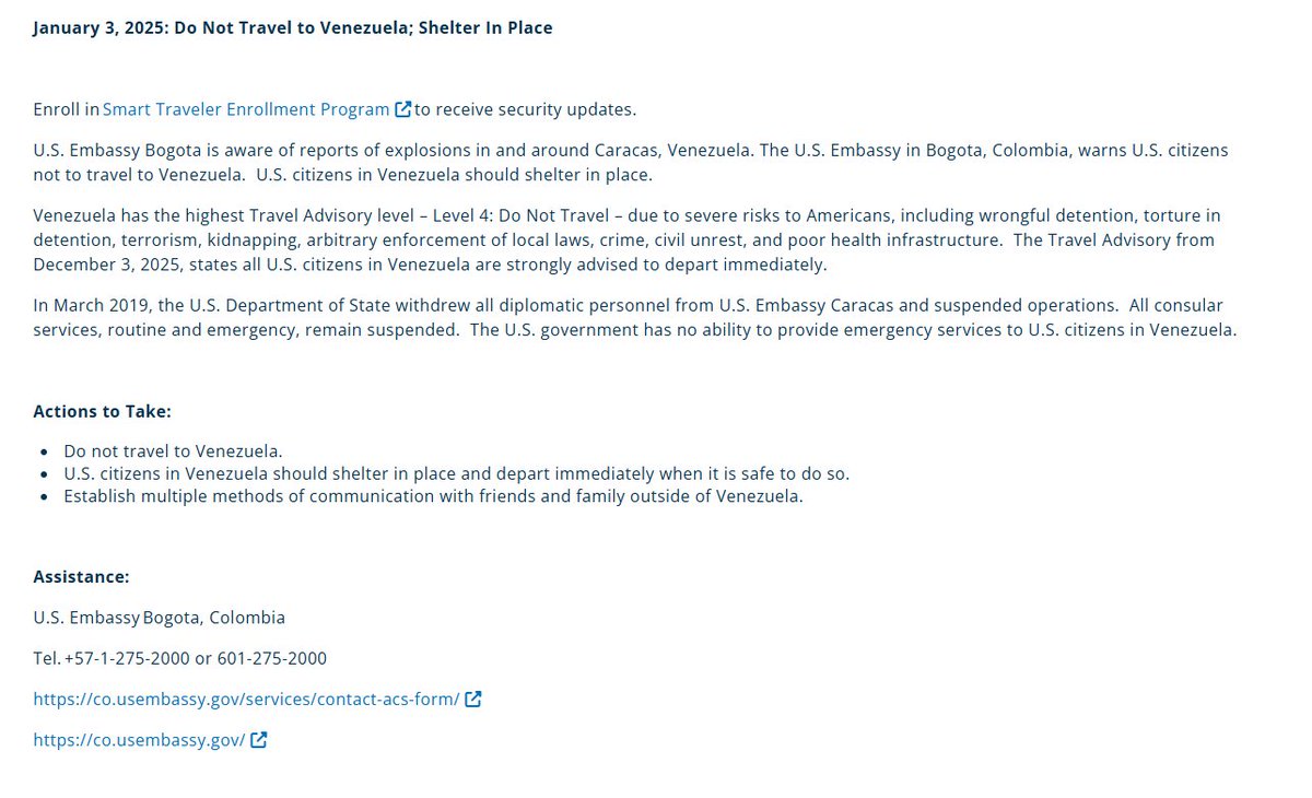 سفارت آمریکا در بوگوتا به شهروندان خود در ونزوئلا توصیه کرد که به کشورهای امن پناه ببرند.