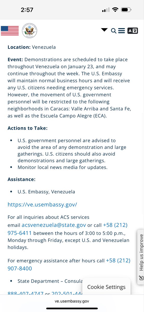 سفارت آمریکا در کاراکاس امشب با صدور هشدار امنیتی تایید کرد که از انفجارها در ونزوئلا مطلع است و از شهروندان آمریکایی حاضر در آنجا خواست در محل خود پناه بگیرند.