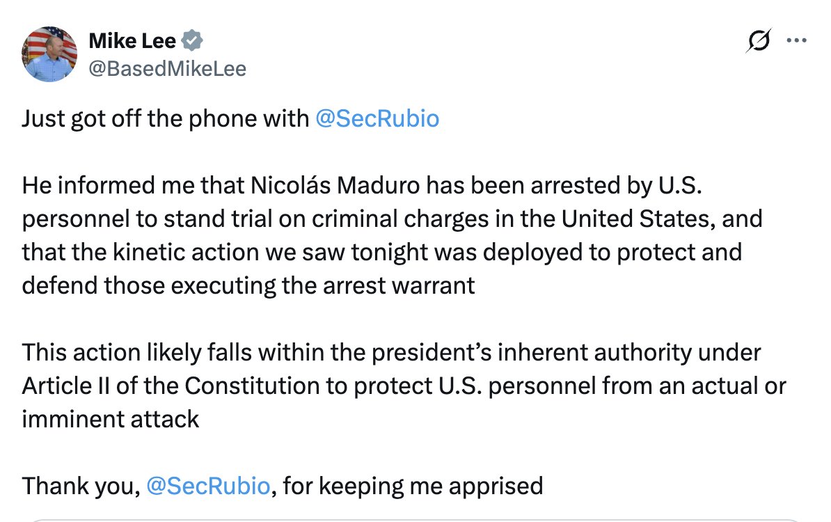 سناتور مایک لی، پس از گفتگوی تلفنی با مارکو روبیو: - مادورو توسط ایالات متحده دستگیر شد و بمب‌گذاری‌ها برای محافظت و دفاع از کسانی که حکم دستگیری را اجرا کردند، مورد استفاده قرار گرفت.