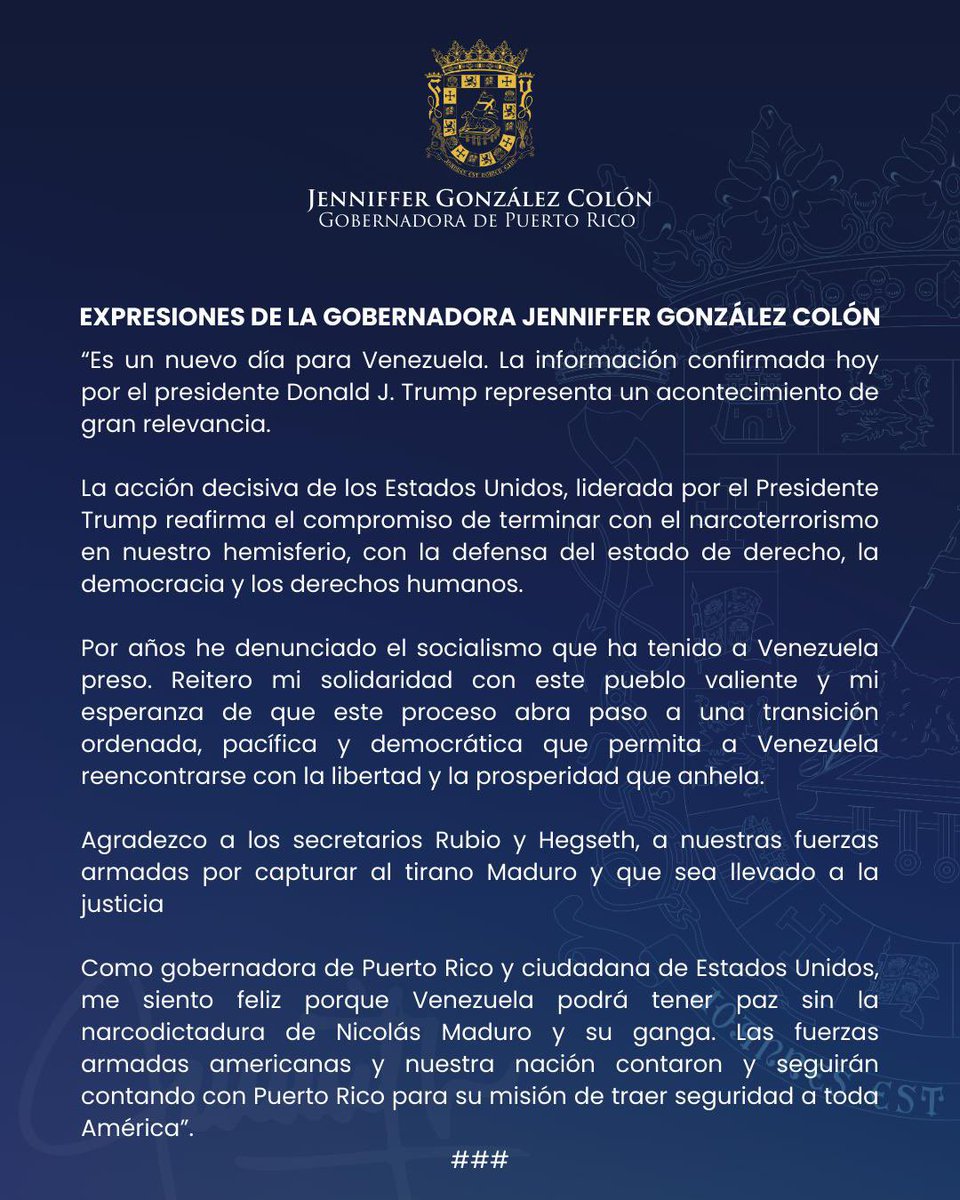 فرماندار پورتوریکو از حملات دونالد ترامپ برای دستگیری نیکلاس مادورو و سیلیا فلورس حمایت می‌کند.