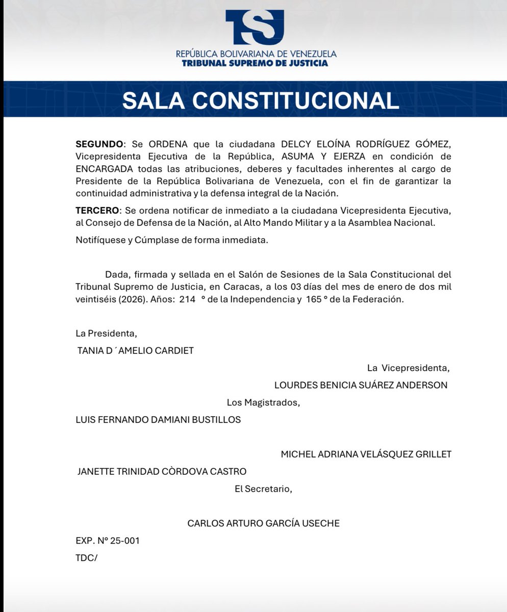 طبق تصمیم مجلس ملی ونزوئلا، @delcyrodriguezv نقش رئیس جمهور موقت ونزوئلا را بر عهده می‌گیرد.