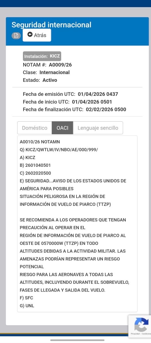 ایالات متحده به دلیل خطر بالقوه برای فعالیت‌های نظامی تا دوم فوریه، NOTAM های امنیتی جدیدی صادر کرده است. به اپراتورها توصیه می‌شود در مناطق زیر احتیاط کنند: منطقه حفاظت‌شده مایکتیا؛ منطقه حفاظت‌شده کوراسائو؛ منطقه حفاظت‌شده سن خوان - پورتوریکو؛ و منطقه حفاظت‌شده ترینیداد و توباگو.