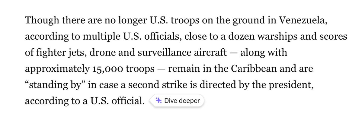 واشنگتن پست: تقریباً ۱۵۰۰۰ سرباز، جت جنگنده، پهپاد، دوازده کشتی تهاجمی و موارد دیگر در حالت آماده‌باش هستند تا در صورت نیاز به موج دوم بمباران در ونزوئلا، از آنها استفاده کنند.