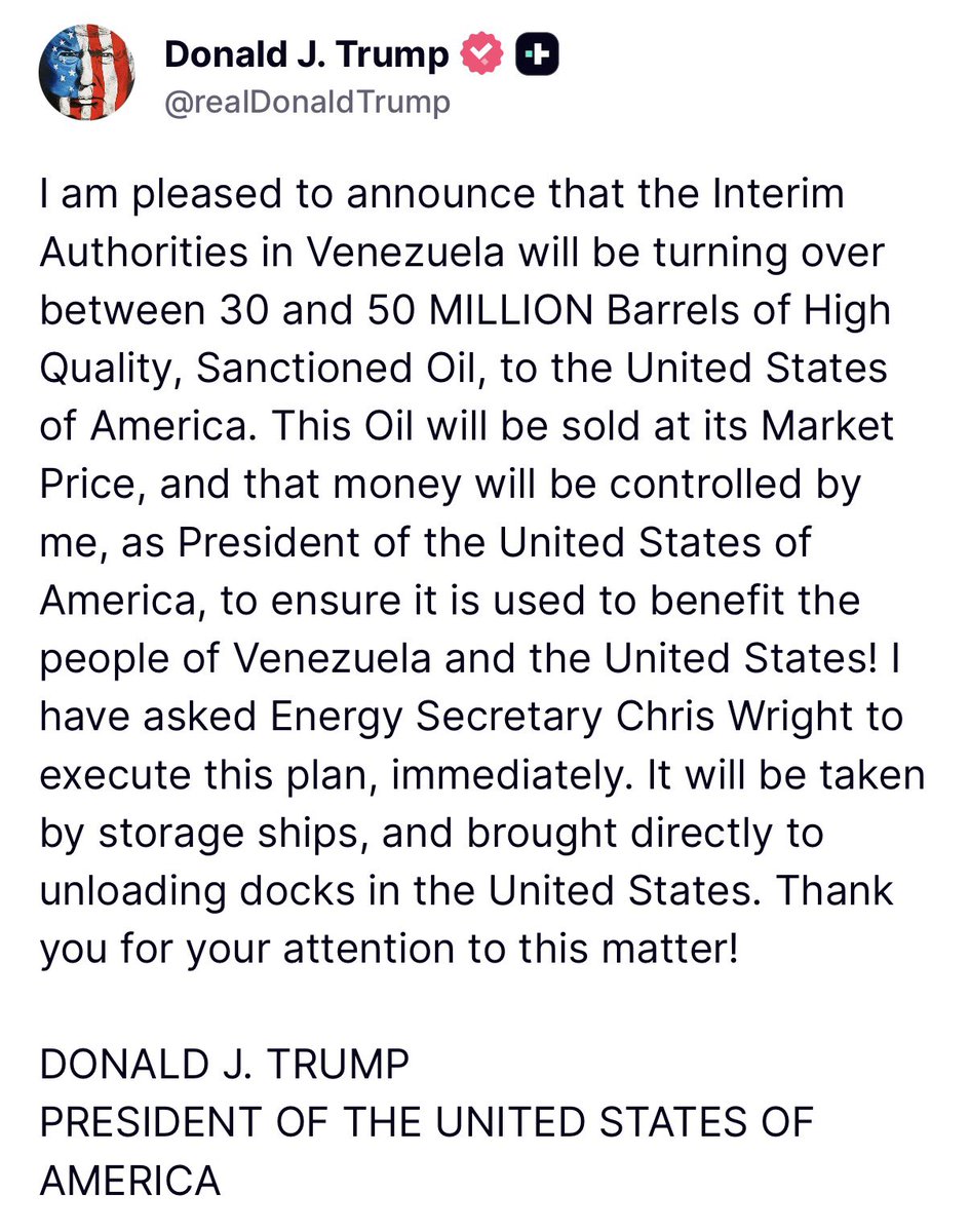 رئیس جمهور دونالد جی. ترامپ اعلام کرد که مقامات موقت در ونزوئلا بین 30 تا 50 میلیون بشکه نفت با کیفیت بالا و تحریم شده را به ایالات متحده آمریکا تحویل خواهند داد.