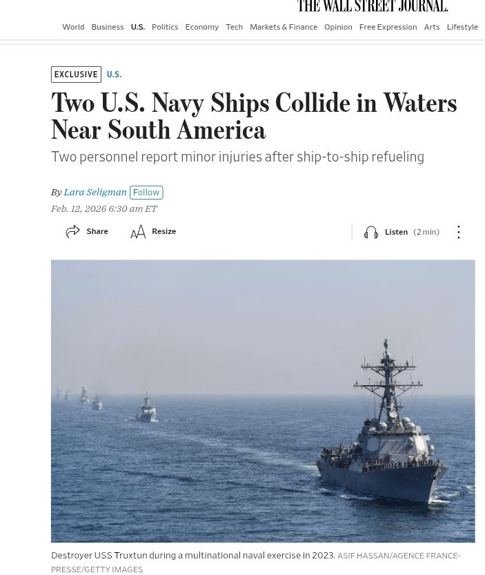 O destróier USS Truxtun (DDG-103) da Marinha dos EUA e o navio-tanque USNS Supply (T-AOE-6) colidiram durante uma operação de reabastecimento no Mar do Caribe. Dois marinheiros sofreram ferimentos leves. A última posição AIS do USNS Supply, após deixar Porto Rico rumo ao sul, foi registrada há 23 horas.