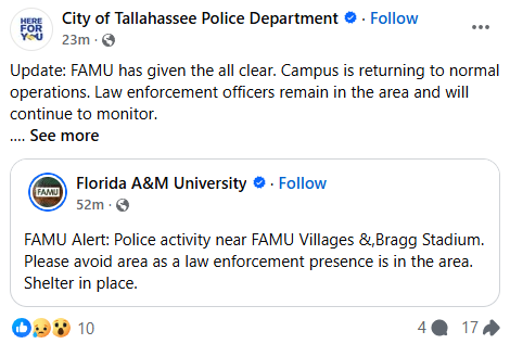 All-clear issued at FAMU in Tallahassee, Florida; campus returning to normal operations as police remain on scene and continue monitoring