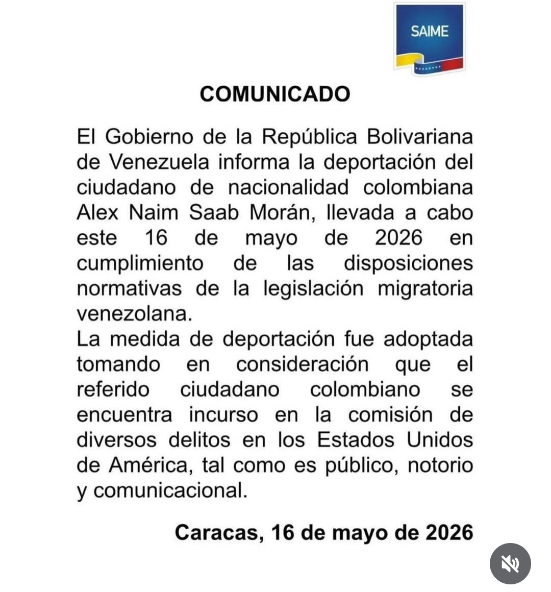 De Venezolaanse regering bevestigt de uitlevering van Alex Saab aan de VS. In de verklaring wordt geen melding gemaakt van zijn eerdere functies als diplomatiek gezant en minister, alleen dat hij een Colombiaans staatsburger is en dat het algemeen bekend is dat hij in de VS wordt vervolgd.
