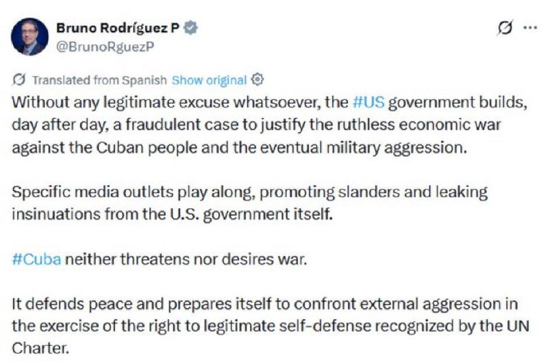 De Cubaanse minister van Buitenlandse Zaken beschuldigde de Verenigde Staten ervan een valse zaak te hebben verzonnen om een mogelijke militaire agressie te rechtvaardigen en benadrukte dat Cuba noch met oorlog dreigt, noch oorlog wenst.