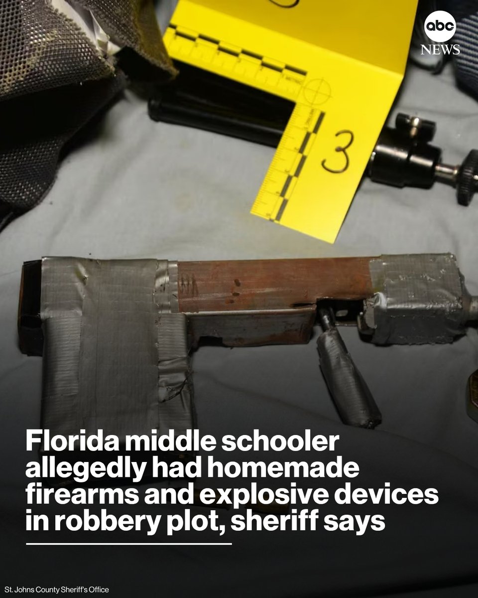 A Florida middle schooler is facing multiple charges after authorities say he had homemade firearms and explosive devices in his bedroom, and conspired with a friend to commit a robbery