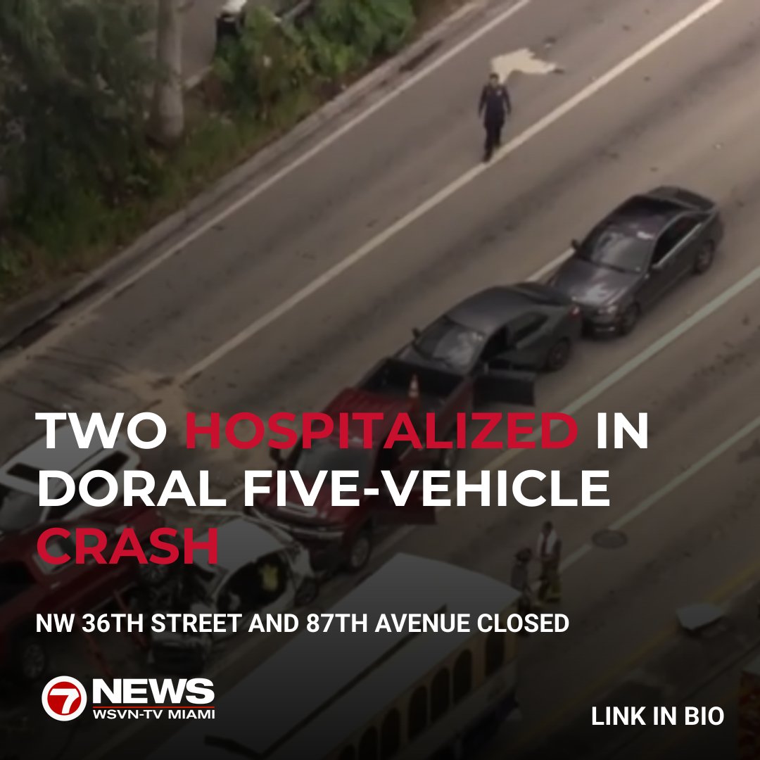 Rescue crews took two people to the hospital after they were injured in a violent multi-vehicle crash in Doral that led to the closure of a busy intersection